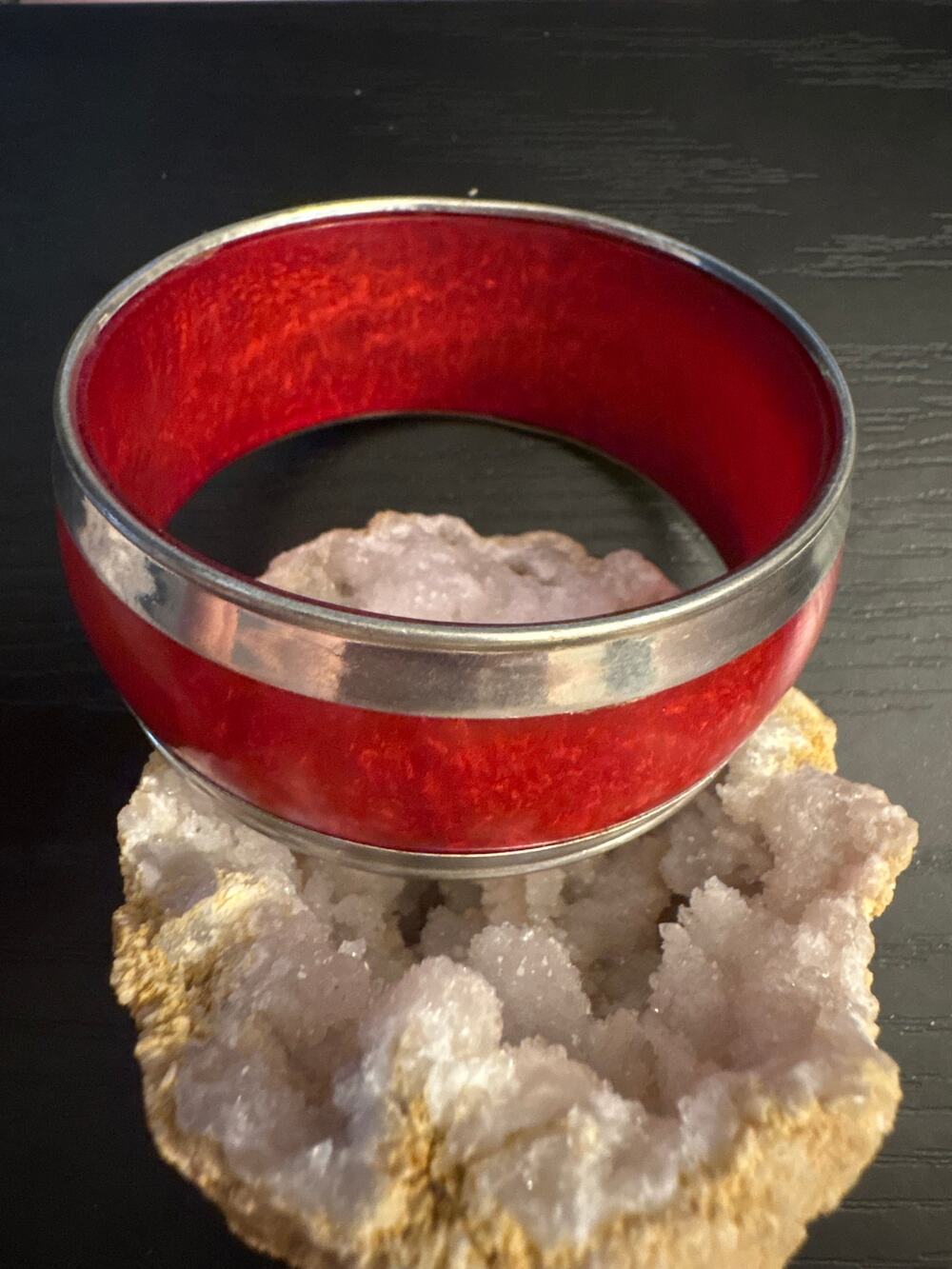 Vintage Red Lucite Silver Tone Wide Bangle Bracelet Size 8
